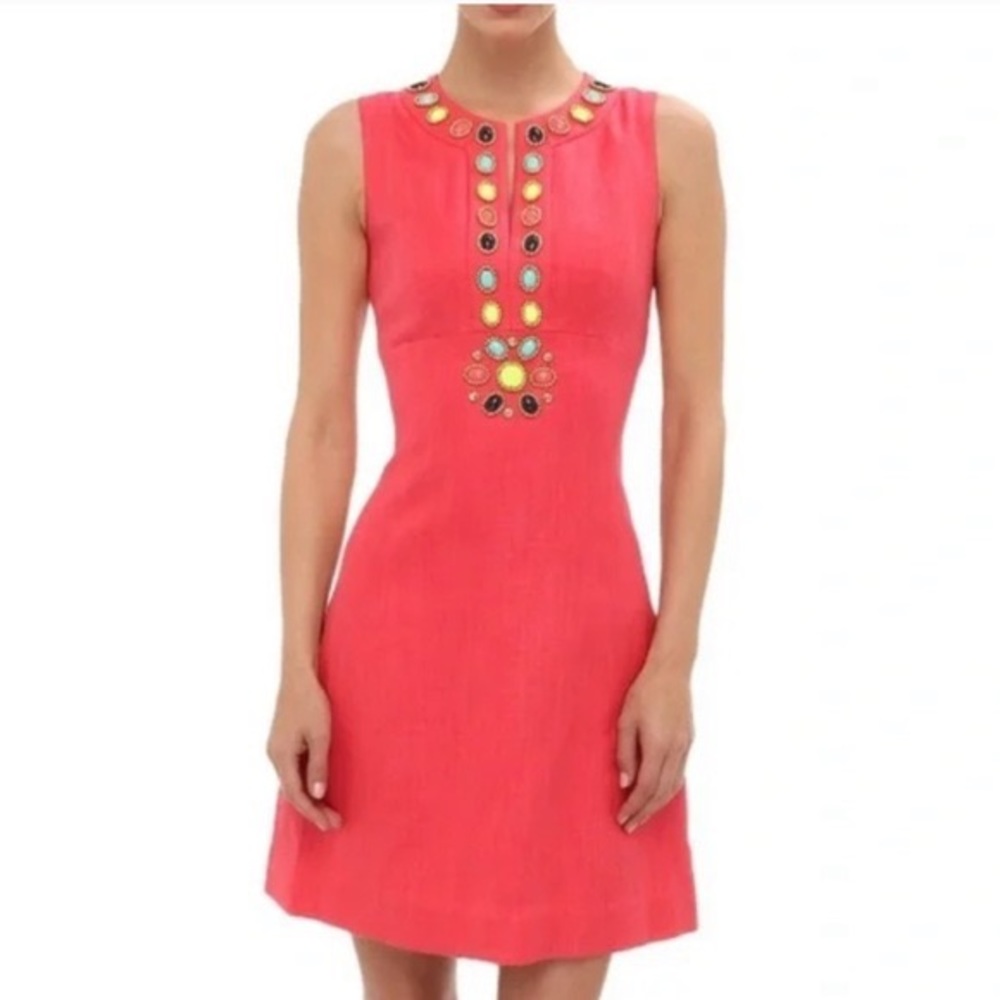 Kate Spade Edith Linen Embellished Dress Coral Pink